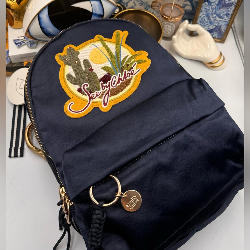 🆕 SEE BY CHLOE 🧿 NWT Cactus and Logo-Embroidered Satin Backpack in Navy - Picture 15 of 15